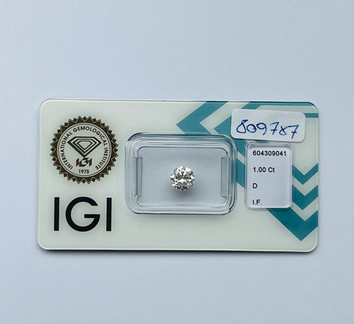 1 pcs Diamant  (Natur)  - 1.00 ct - Rund - D (farveløs) - IF - International Gemological Institute (IGI)