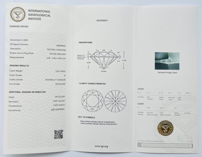 1 pcs Diamant  (Natur)  - 1.00 ct - Rund - D (farveløs) - IF - International Gemological Institute (IGI)