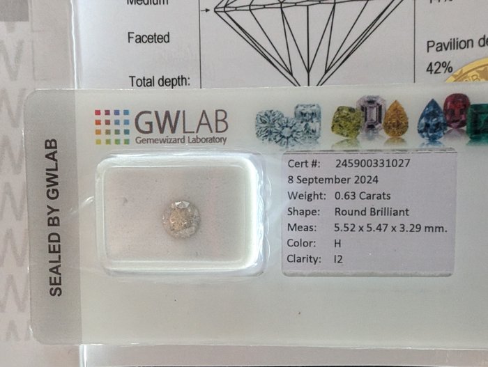 Ingen mindstepris - 1 pcs Diamant  (Natur)  - 0.63 ct - Rund - H - I2 - Gemewizard Gemological Laboratory (GWLab)