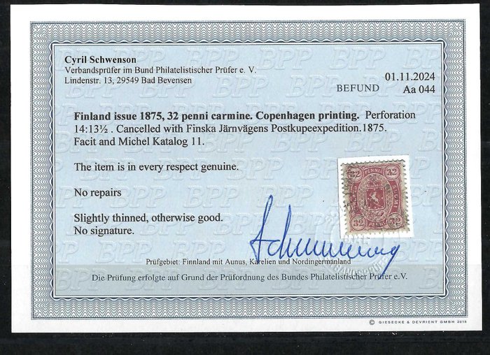 Finland 1875 - Finland 32 P karmin-rose signeret Schwenson - Michel  11