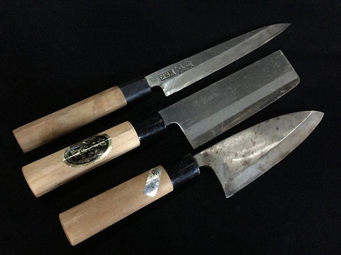 Set of 3 / Japanese Vintage Kitchen Knife / 柳刃 YANAGIBA 菜切 NAKIRI 出刃 DEBA - Køkkenkniv - Stål, Træ - Japan