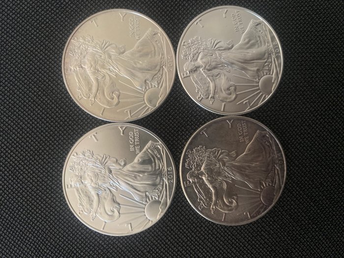 Förenta staterna. A Lot of 4x USA 1 oz .999 Silver Eagles 2014, 2016  (Ingen mindstepris)