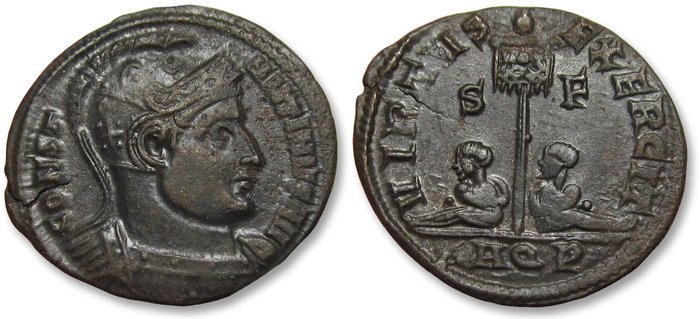 Romarriket Constantine I (AD 306-337) Follis Aquileia mint circa 320 AD - mintmark AQP - VIRTVS EXERCIT