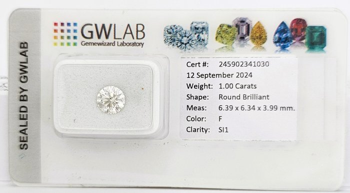 1 pcs Diamant  (Natur)  - 1.00 ct - Rund - F - SI1 - Gemewizard Gemological Laboratory (GWLab)