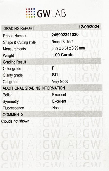 1 pcs Diamant  (Natur)  - 1.00 ct - Rund - F - SI1 - Gemewizard Gemological Laboratory (GWLab)