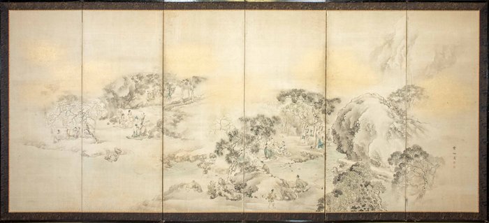 Foldeskærm - En Byōbu foldeskærm med seks paneler, der viser en landskabsscene med bjergskråninger og grupper af - Japan - Edo-Meiji periode (anden halvdel 19.)