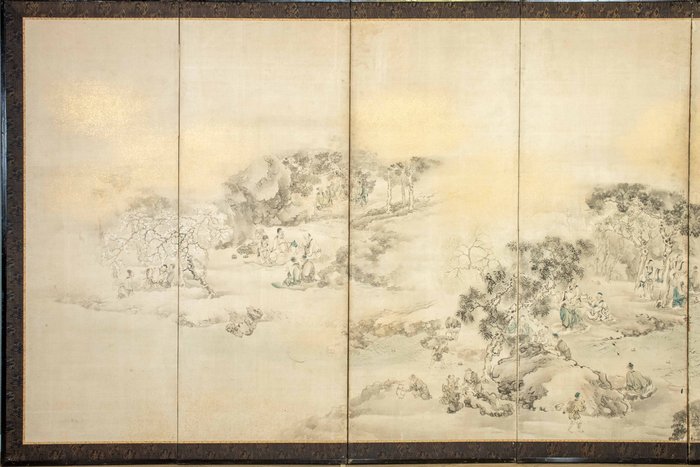 Foldeskærm - En Byōbu foldeskærm med seks paneler, der viser en landskabsscene med bjergskråninger og grupper af - Japan - Edo-Meiji periode (anden halvdel 19.)