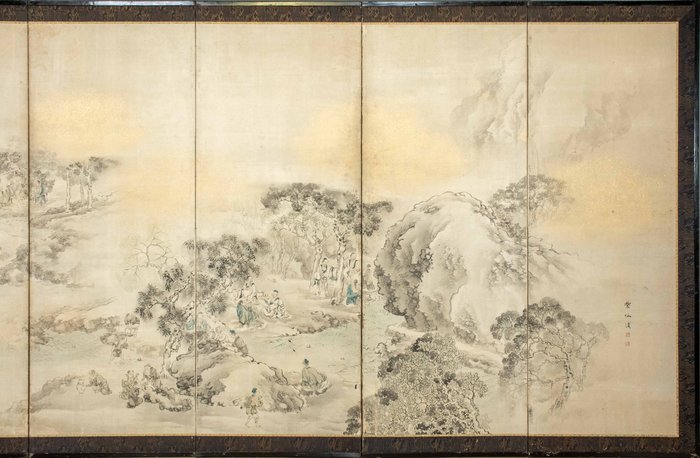 Foldeskærm - En Byōbu foldeskærm med seks paneler, der viser en landskabsscene med bjergskråninger og grupper af - Japan - Edo-Meiji periode (anden halvdel 19.)