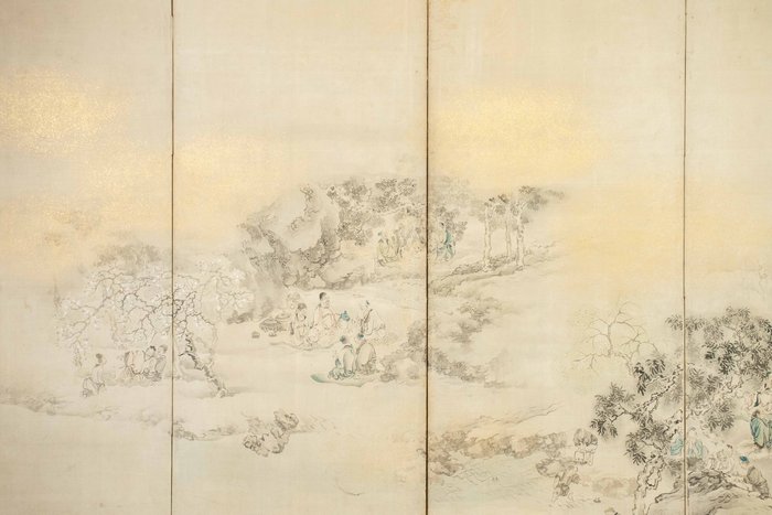 Foldeskærm - En Byōbu foldeskærm med seks paneler, der viser en landskabsscene med bjergskråninger og grupper af - Japan - Edo-Meiji periode (anden halvdel 19.)