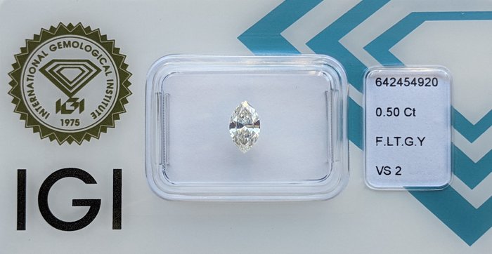 Ingen mindstepris - 1 pcs Diamant  (Naturfarvet)  - 0.50 ct - Marquise - Fancy light Grålig Gul - VS2 - International Gemological Institute (IGI)