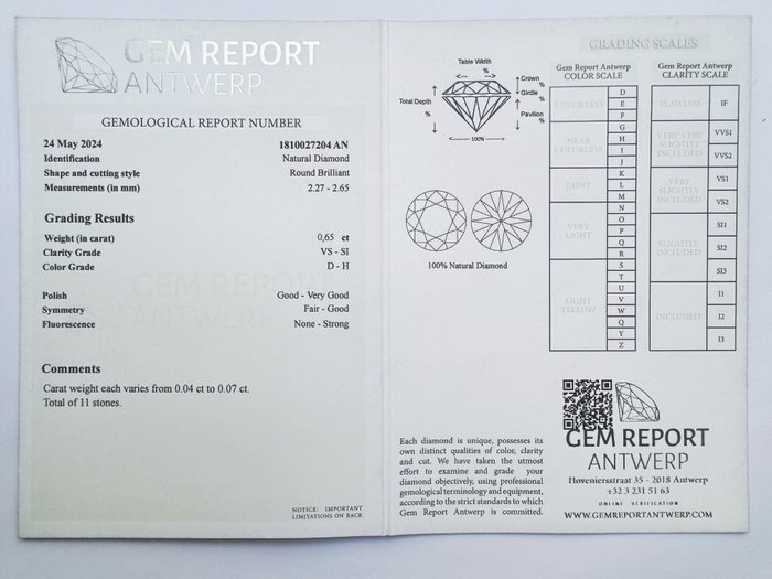 11 pcs Diamant  (Natur)  - 065 ct - Rund - D (farveløs) H - SI1 SI2 VS1 VS2 - Gem Report Antwerp (GRA)