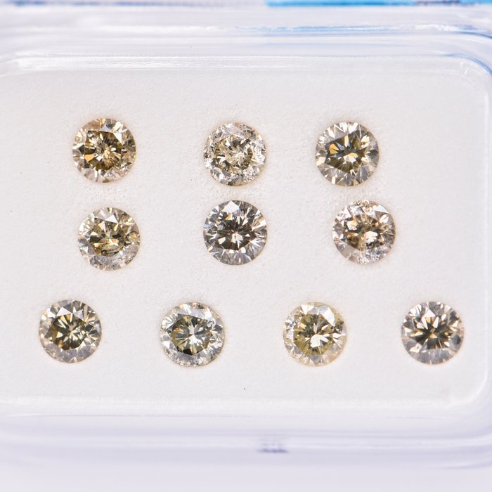 Ingen mindstepris - 10 pcs Diamant  (Naturfarvet)  - 102 ct - Rund - Fancy Brunlig Grønlig Gul - I1 SI2 - International Gemological Institute (IGI)