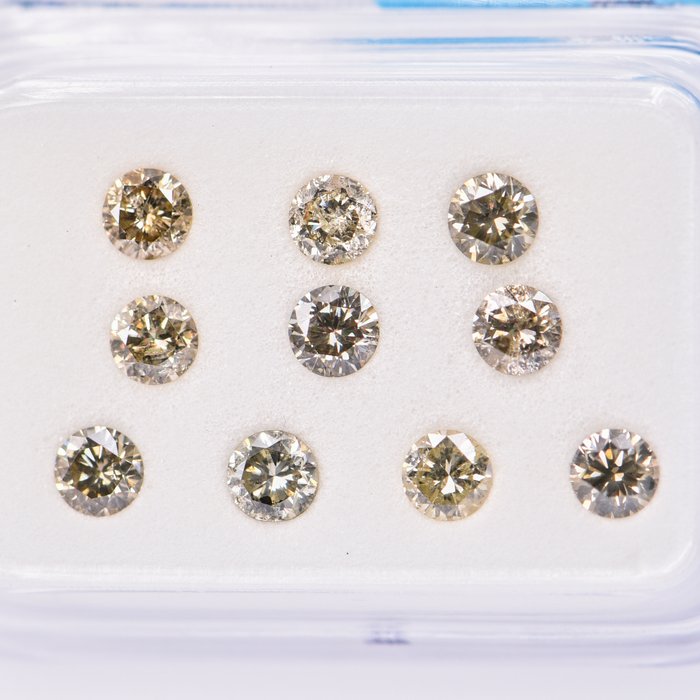 Ingen mindstepris - 10 pcs Diamant  (Naturfarvet)  - 102 ct - Rund - Fancy Brunlig Grønlig Gul - I1 SI2 - International Gemological Institute (IGI)