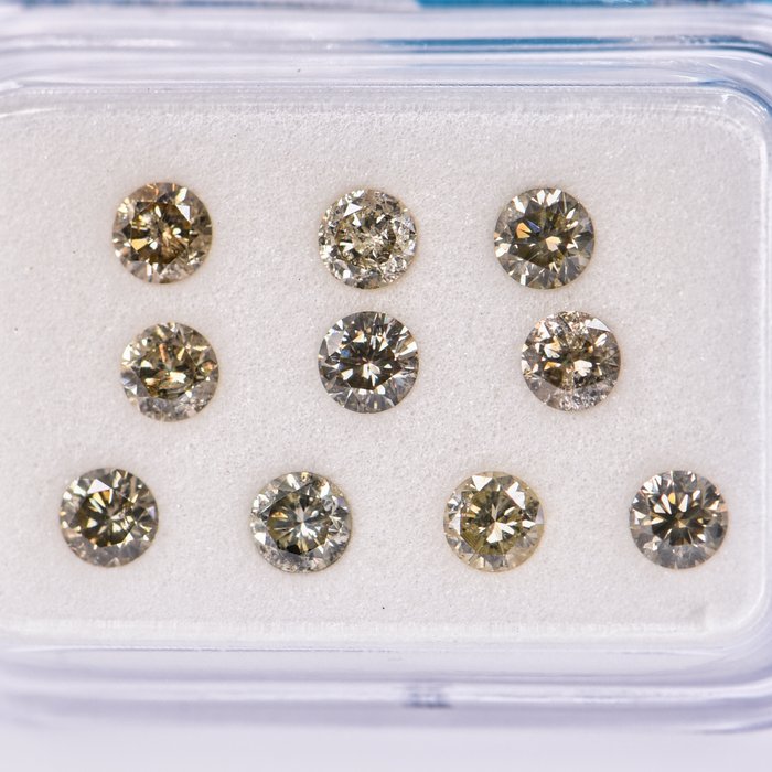 Ingen mindstepris - 10 pcs Diamant  (Naturfarvet)  - 102 ct - Rund - Fancy Brunlig Grønlig Gul - I1 SI2 - International Gemological Institute (IGI)