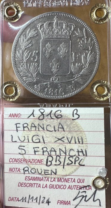 Frankrig. Louis XVIII. 5 Francs 1816-B, Rouen