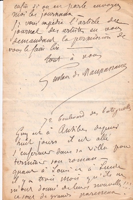 Gustave de Maupassant - Lettre autographe signée à Robert Pinchon sur sa peinture [ Guy est à Antibes ] - 1882