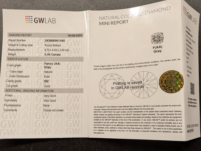 Ingen mindstepris - 1 pcs Diamant  (Naturfarvet)  - 0.44 ct - Rund - Fancy Grå - SI2 - Gemewizard Gemological Laboratory (GWLab)