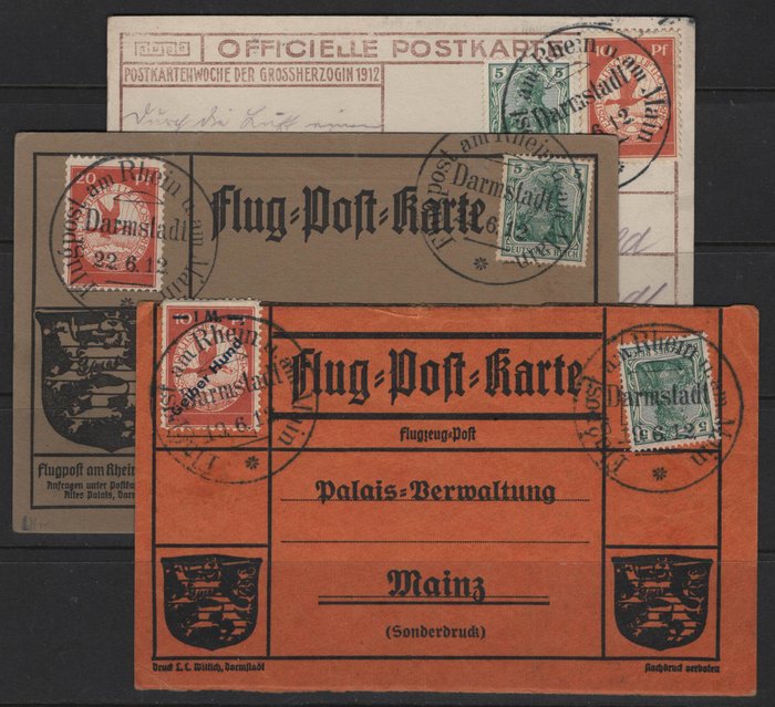 Tyske Kejserrige 1912 - "Airmail Rhine/Main" tre kort inklusive "Yellow Dog" - Michel I II IV