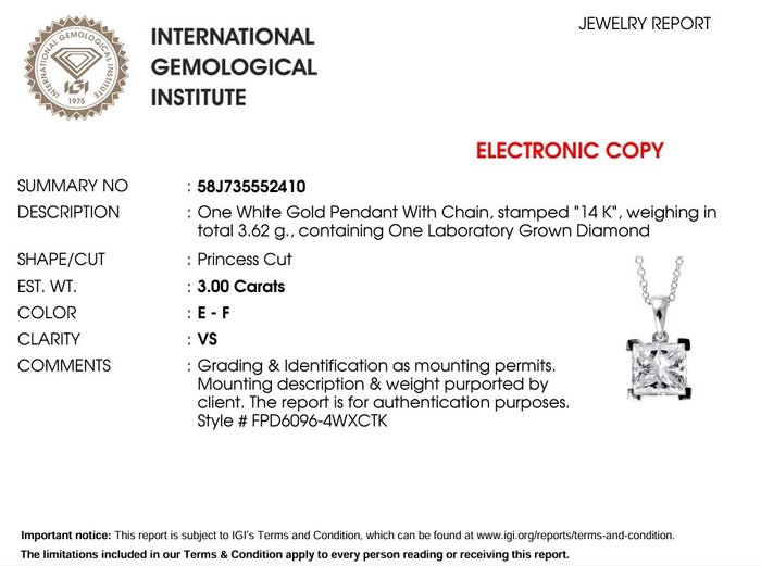 Vedhæng - 14 karat Hvidguld -  3.00ct. tw. Diamant (Laboratoriedyrket)