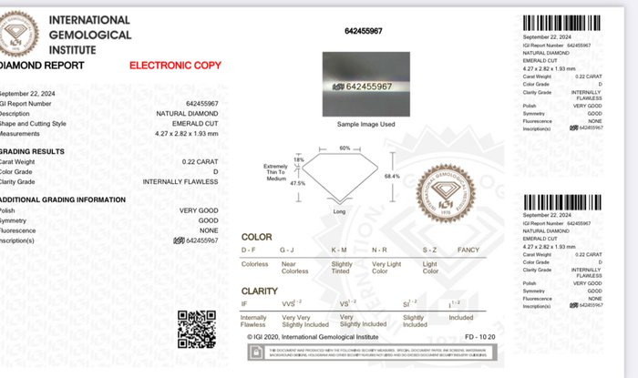 1 pcs Diamant  (Natur)  - 0.22 ct - Smaragd - D (farveløs) - IF - International Gemological Institute (IGI)