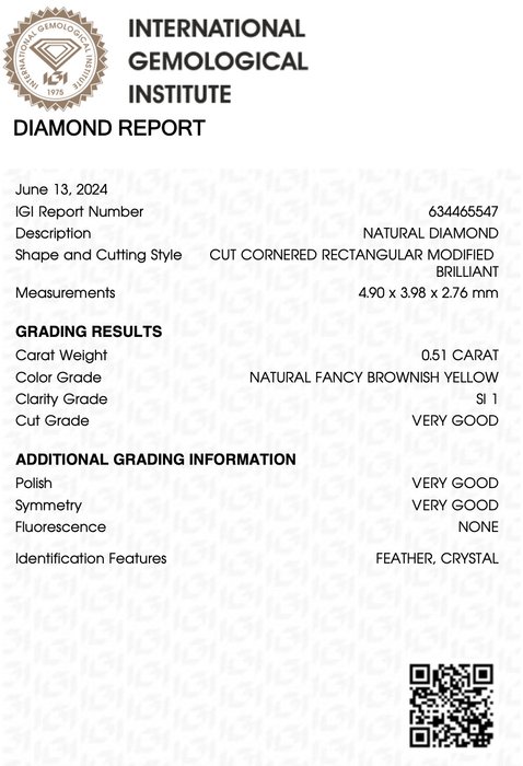 1 pcs Diamant  (Naturfarvet)  - 0.51 ct - Rektangel - Fancy Brunlig Gul - SI1 - International Gemological Institute (IGI)