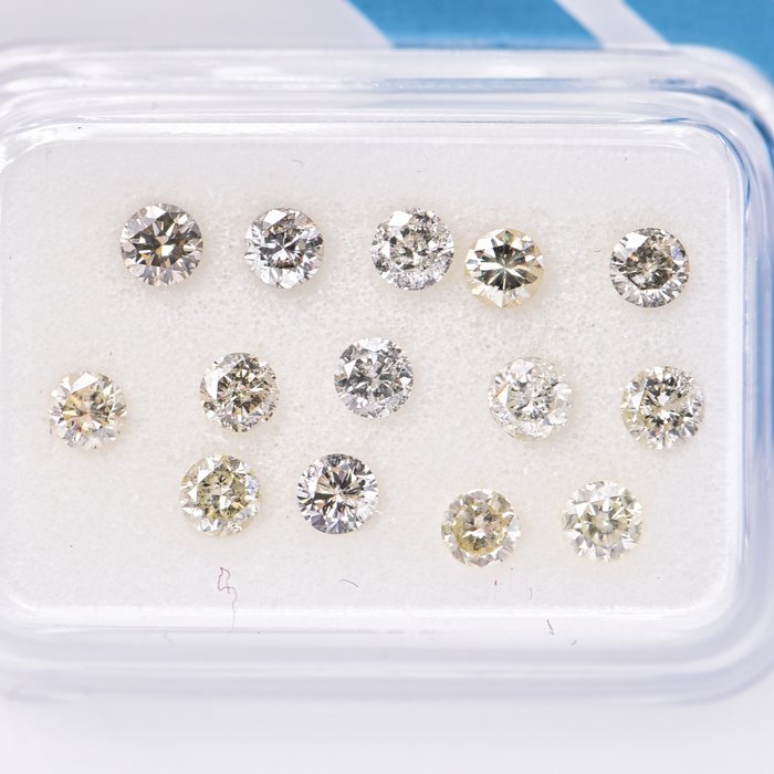 Ingen mindstepris - 14 pcs Diamant  (Naturfarvet)  - 1.02 ct - Rund Blandede farver - I1, I2 - International Gemological Institute (IGI)