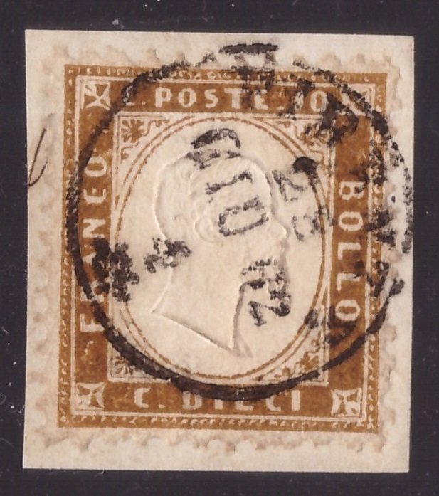 Italien Kongerige 1862 - 10 øre mørkebrun på fragment med fuld annullering - Sassone N. 1d