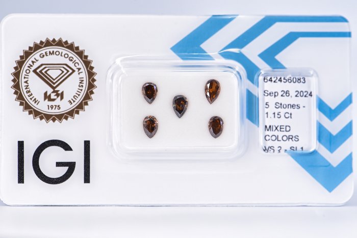 Ingen mindstepris - 5 pcs Diamant  (Naturfarvet)  - 1.15 ct - Pære - Fancy dark, Fancy deep Brun Gul - SI1, VS2 - International Gemological Institute (IGI)