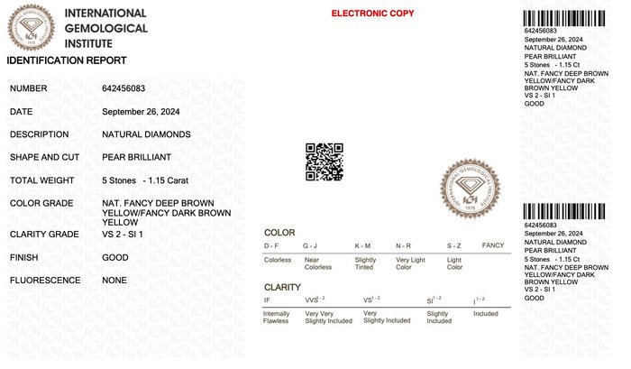 Ingen mindstepris - 5 pcs Diamant  (Naturfarvet)  - 1.15 ct - Pære - Fancy dark, Fancy deep Brun Gul - SI1, VS2 - International Gemological Institute (IGI)