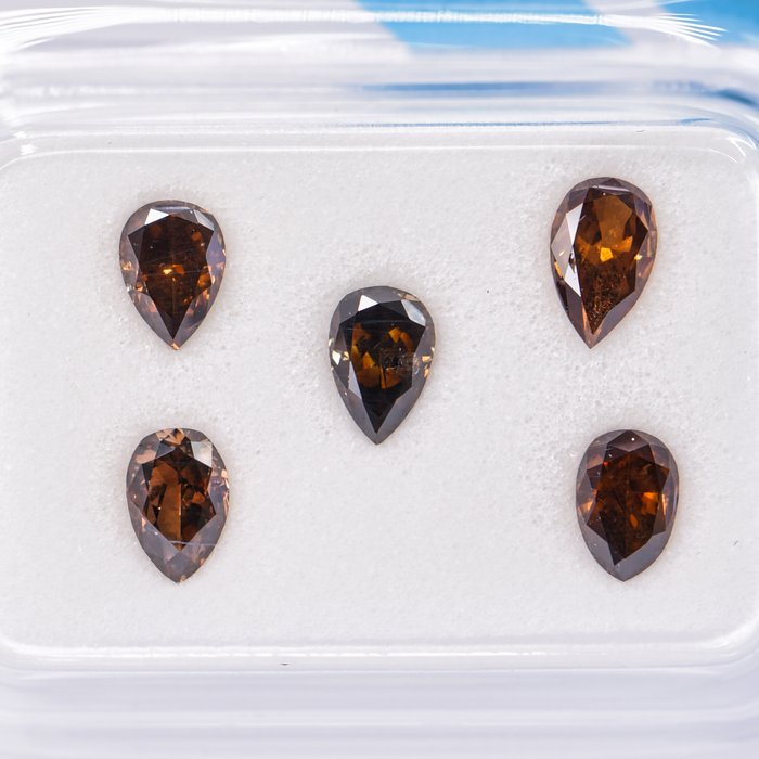 Ingen mindstepris - 5 pcs Diamant  (Naturfarvet)  - 1.15 ct - Pære - Fancy dark, Fancy deep Brun Gul - SI1, VS2 - International Gemological Institute (IGI)