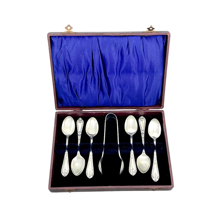 Sheffield - Victorian 6 person demitasse coffee spoon set with sugar tongs, beaded borders - Teske (7) - Fløjl, Forsølvet, Silke