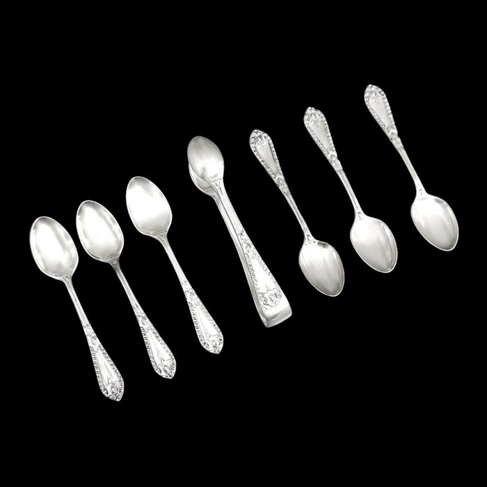 Sheffield - Victorian 6 person demitasse coffee spoon set with sugar tongs, beaded borders - Teske (7) - Fløjl, Forsølvet, Silke