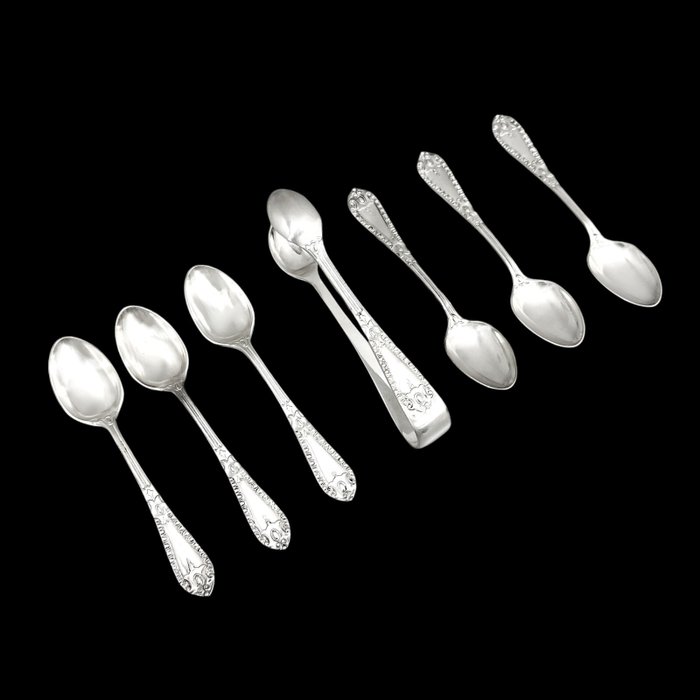 Sheffield - Victorian 6 person demitasse coffee spoon set with sugar tongs, beaded borders - Teske (7) - Fløjl, Forsølvet, Silke