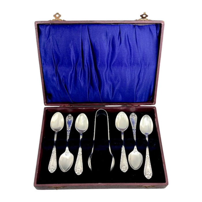 Sheffield - Victorian 6 person demitasse coffee spoon set with sugar tongs, beaded borders - Teske (7) - Fløjl, Forsølvet, Silke