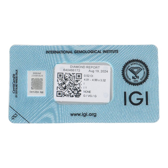 Ingen mindstepris - 1 pcs Diamant  (Natur)  - 052 ct - Rund - I - I1 - International Gemological Institute (IGI)