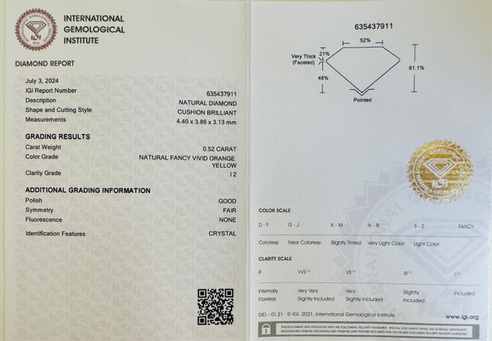 1 pcs Diamant  (Naturfarvet)  - 0.52 ct - Pude - Fancy vivid Gul, Orange - I2 - International Gemological Institute (IGI)