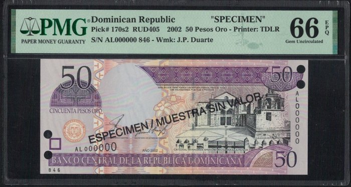 Domikanske Republik. - 50 Pesos 2002 - SPECIMEN - Pick 170s2  (Ingen mindstepris)