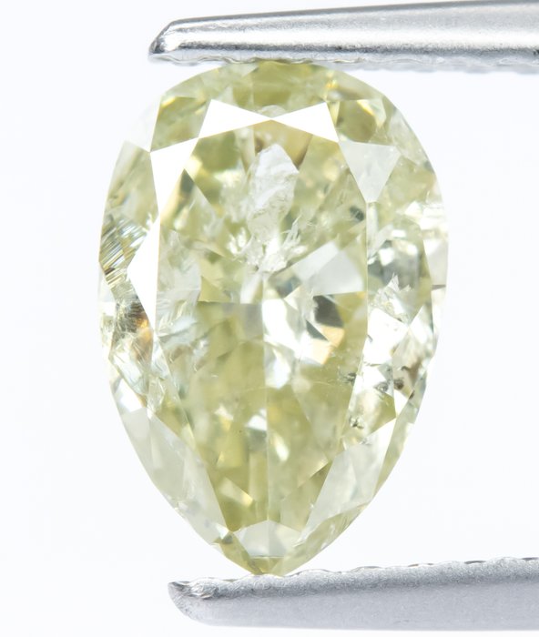 Ingen mindstepris - 1 pcs Diamant  (Naturfarvet)  - 0.99 ct - Pære - Fancy Grønlig Gul - I2 - Gem Report Antwerp (GRA)