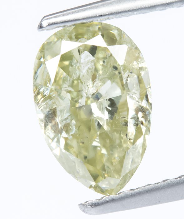 Ingen mindstepris - 1 pcs Diamant  (Naturfarvet)  - 0.99 ct - Pære - Fancy Grønlig Gul - I2 - Gem Report Antwerp (GRA)