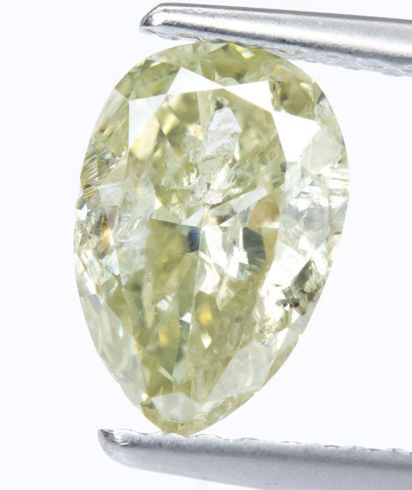 Ingen mindstepris - 1 pcs Diamant  (Naturfarvet)  - 0.99 ct - Pære - Fancy Grønlig Gul - I2 - Gem Report Antwerp (GRA)