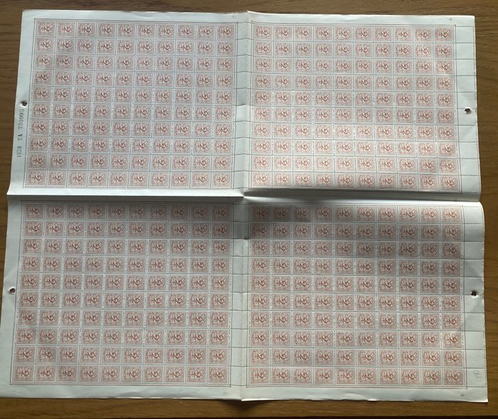 Belgien 1951/1957 - Nummer på heraldisk løve: 5c violetgrå - 2c gulbrun - 3c lyslilla i ark med 4 x 100 - OBP/COB 849 + 1026A/B