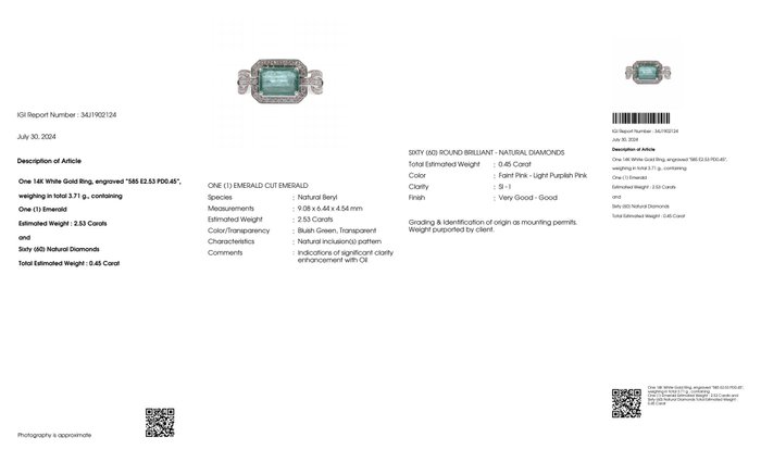 Ingen mindstepris - Ring - 14 karat Hvidguld -  2.98ct. tw. Smaragd - Diamant - IGI 2,53 ct blågrøn