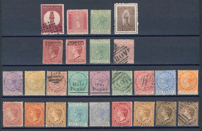 Det Britiske Statssamfund 1867/1890 - British Commonwealth Montserrat Virgin Island Dominica og Turks Islands god klassisk musik - Katalogwert ca450€laut Online Katalog von StampWorld