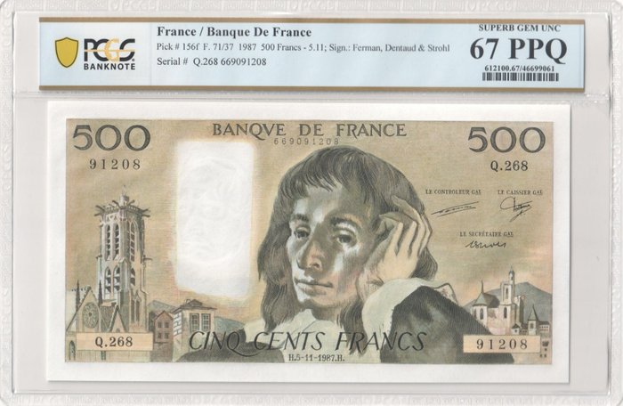 Frankrig. - 500 Francs - 05/11/1987 - "Pascal" - Pick 156f  (Ingen mindstepris)