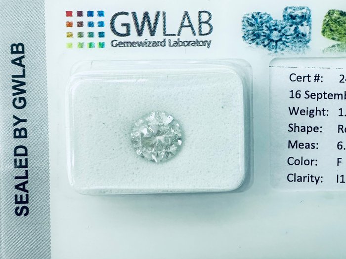 1 pcs Diamant  (Natur)  - 1.54 ct - Rund - F - I1 - Gemewizard Gemological Laboratory (GWLab) - ( NATURLIG )