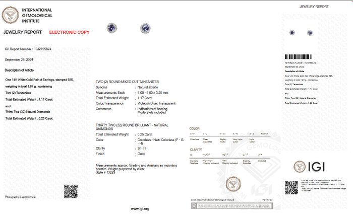 Ingen mindstepris - Øreringe - 14 karat Hvidguld -  1.42ct. tw. Tanzanit - Diamant - IGI