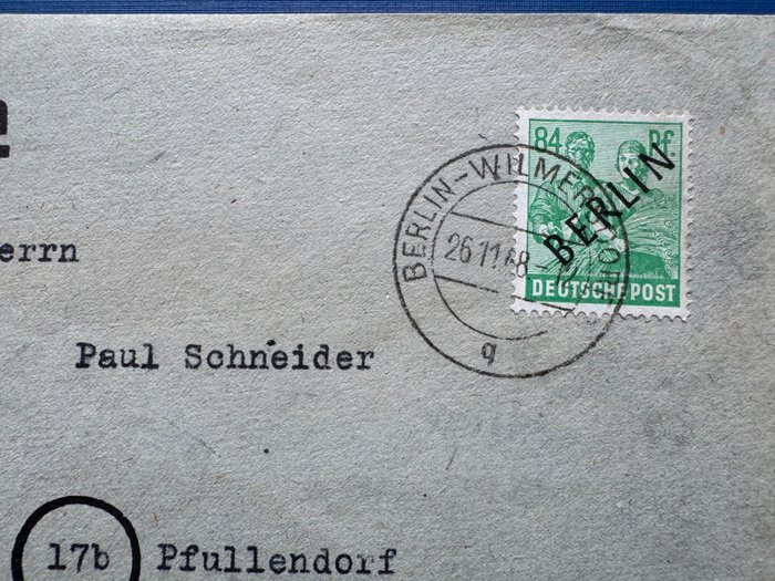 Tyskland, Forbundsrepublikken 1948 - R brev, porto passende, EF 84 Pfg Sort overtryk, certificeret Schlegel BPP