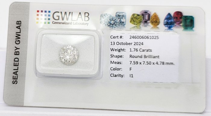 1 pcs Diamant  (Natur)  - 1.76 ct - Rund - F - I1 - Gemewizard Gemological Laboratory (GWLab)