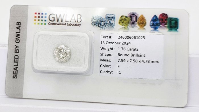 1 pcs Diamant  (Natur)  - 1.76 ct - Rund - F - I1 - Gemewizard Gemological Laboratory (GWLab)