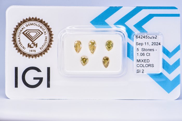 Ingen mindstepris - 5 pcs Diamant  (Naturfarvet)  - 1.06 ct - Pære - Fancy, Fancy deep Brunlig, Grønlig, Gul Brun, Gul - SI2 - International Gemological Institute (IGI)